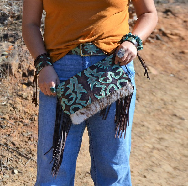 Tejas Leather Bucket Handbag with Brown Fringe & Turquoise Slabs