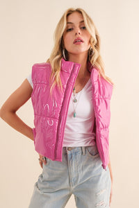 Gloss Shiny PU Quilted Puffer Zip Up Crop Vest