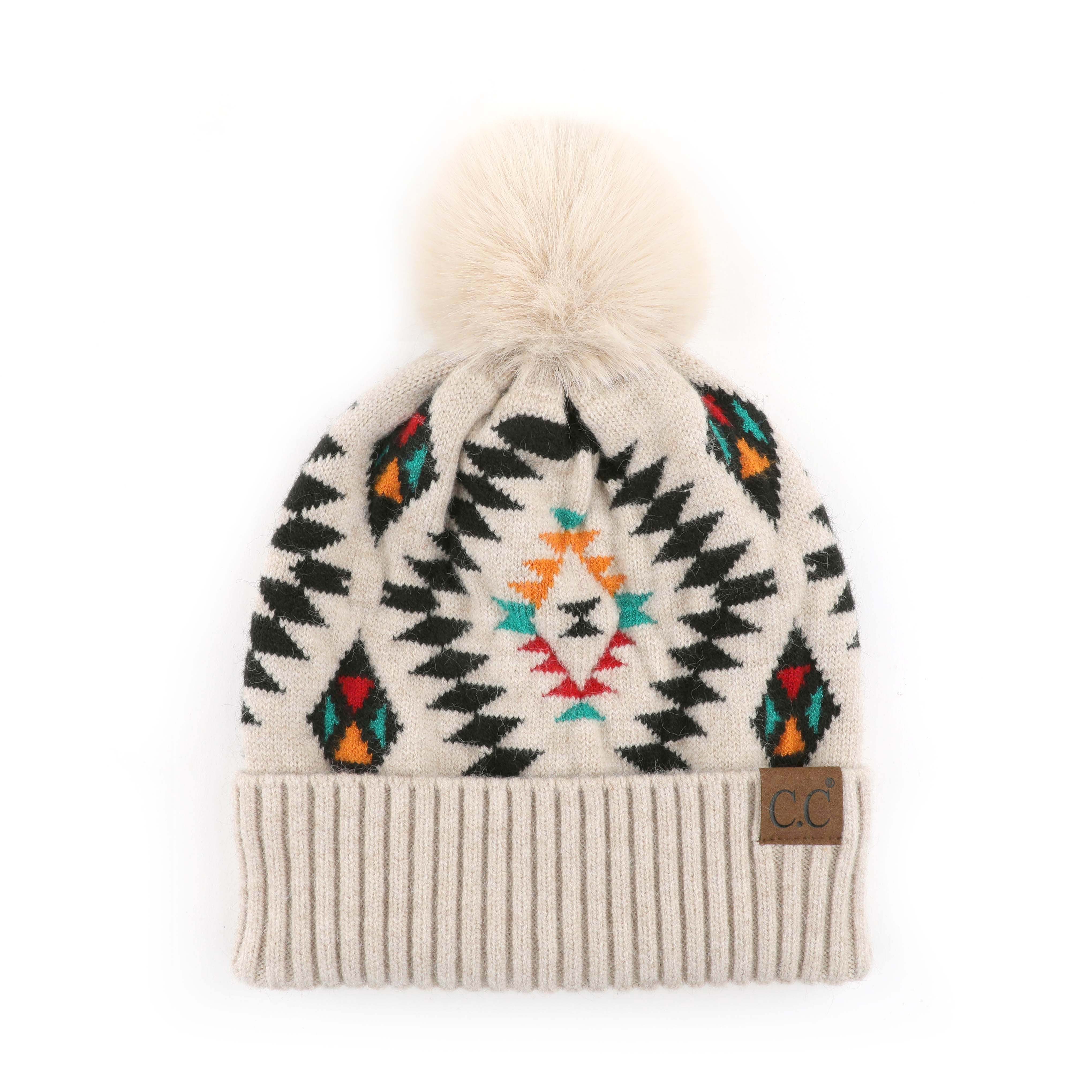 CC South Western Pattern Faux Fur Pom Beanie