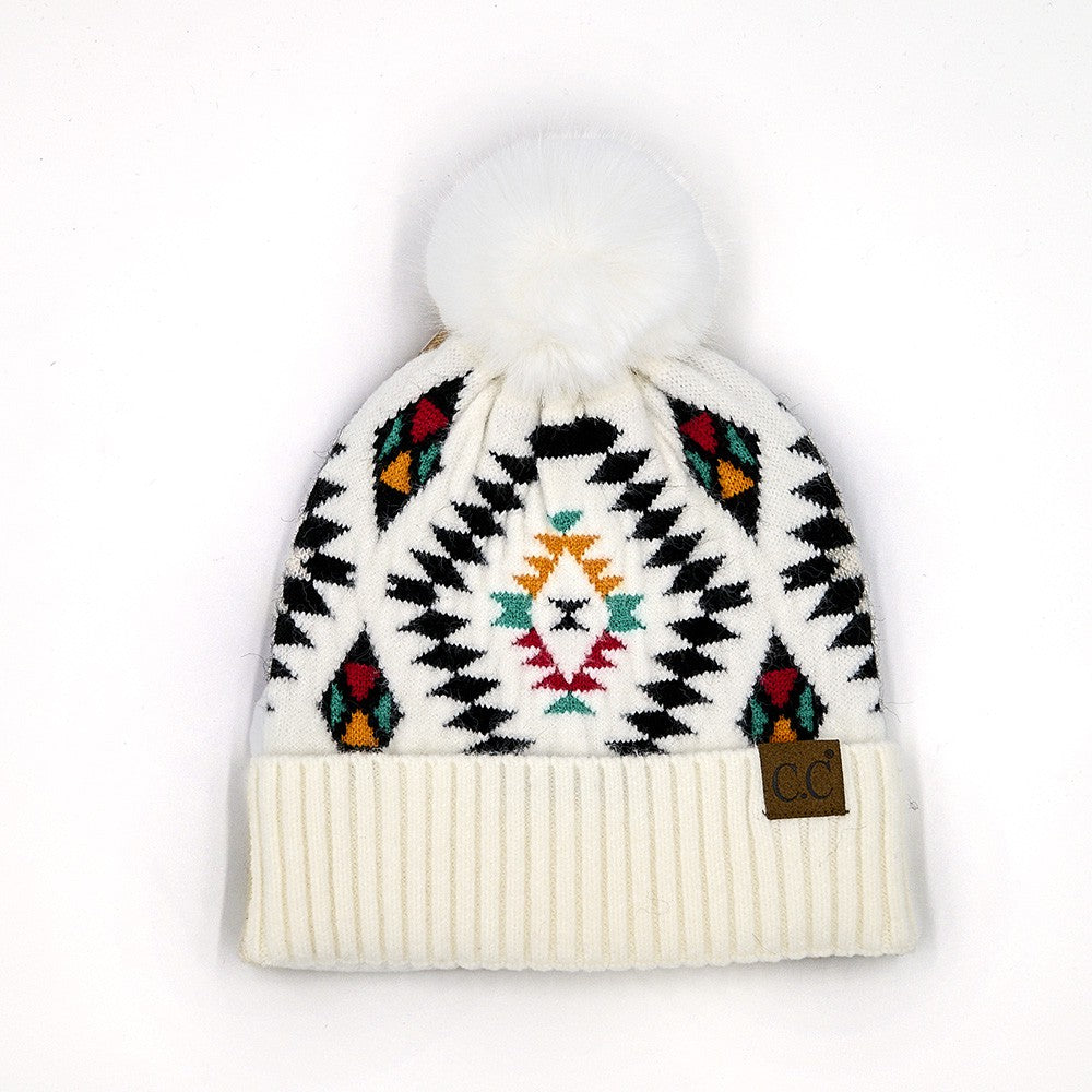 CC South Western Pattern Faux Fur Pom Beanie