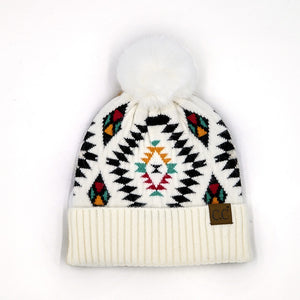 CC South Western Pattern Faux Fur Pom Beanie