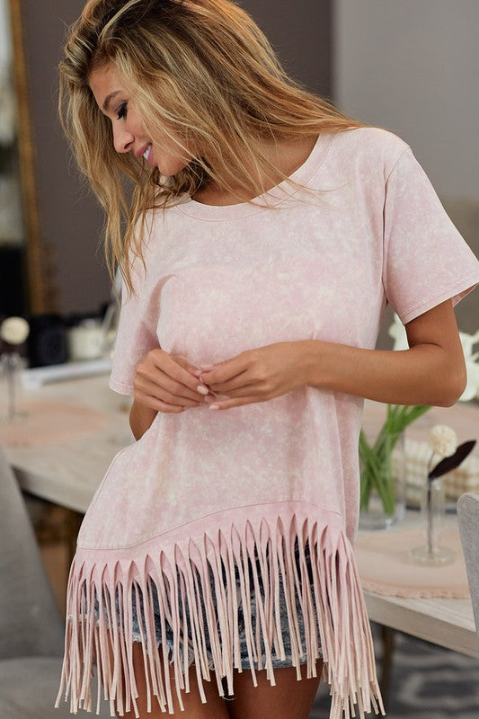 WASHED KNIT TOP WITH FRINGE