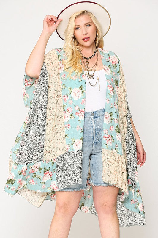 Floral Mixed Print Ruffle Bottom Kimono