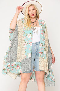 Floral Mixed Print Ruffle Bottom Kimono