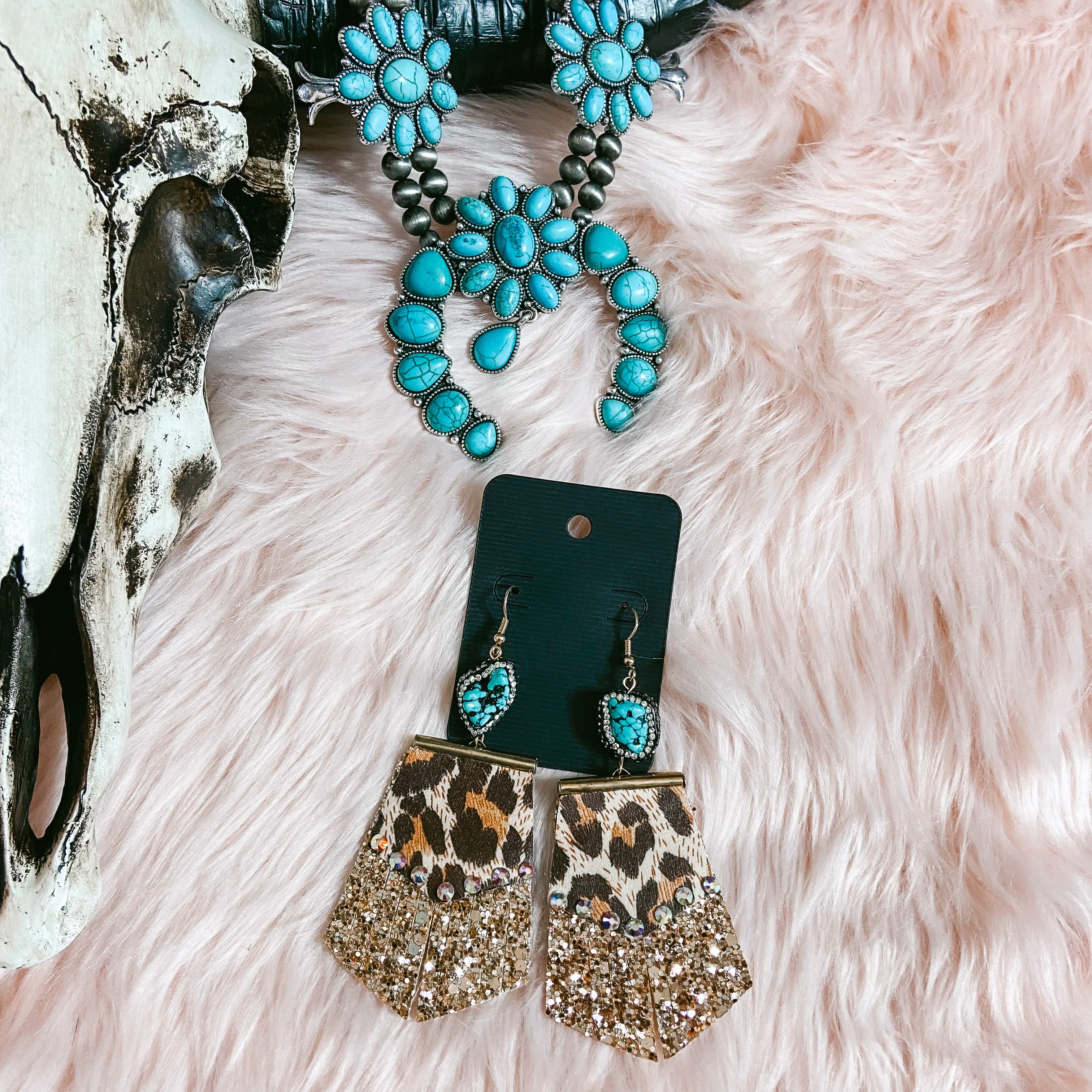 Leopard turquoise glitter fringe earrings