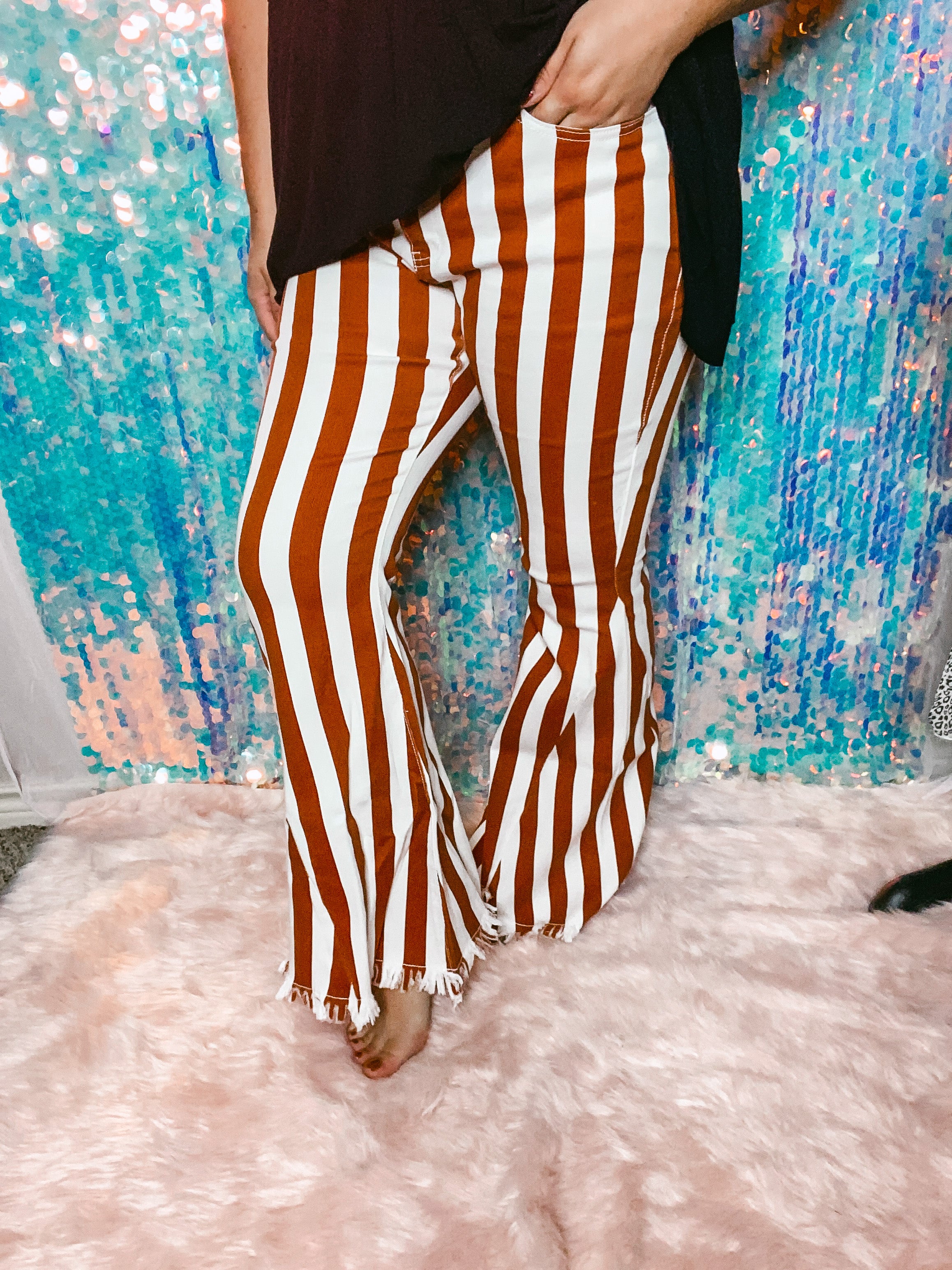 Brown Striped Bell Bottom Jeans