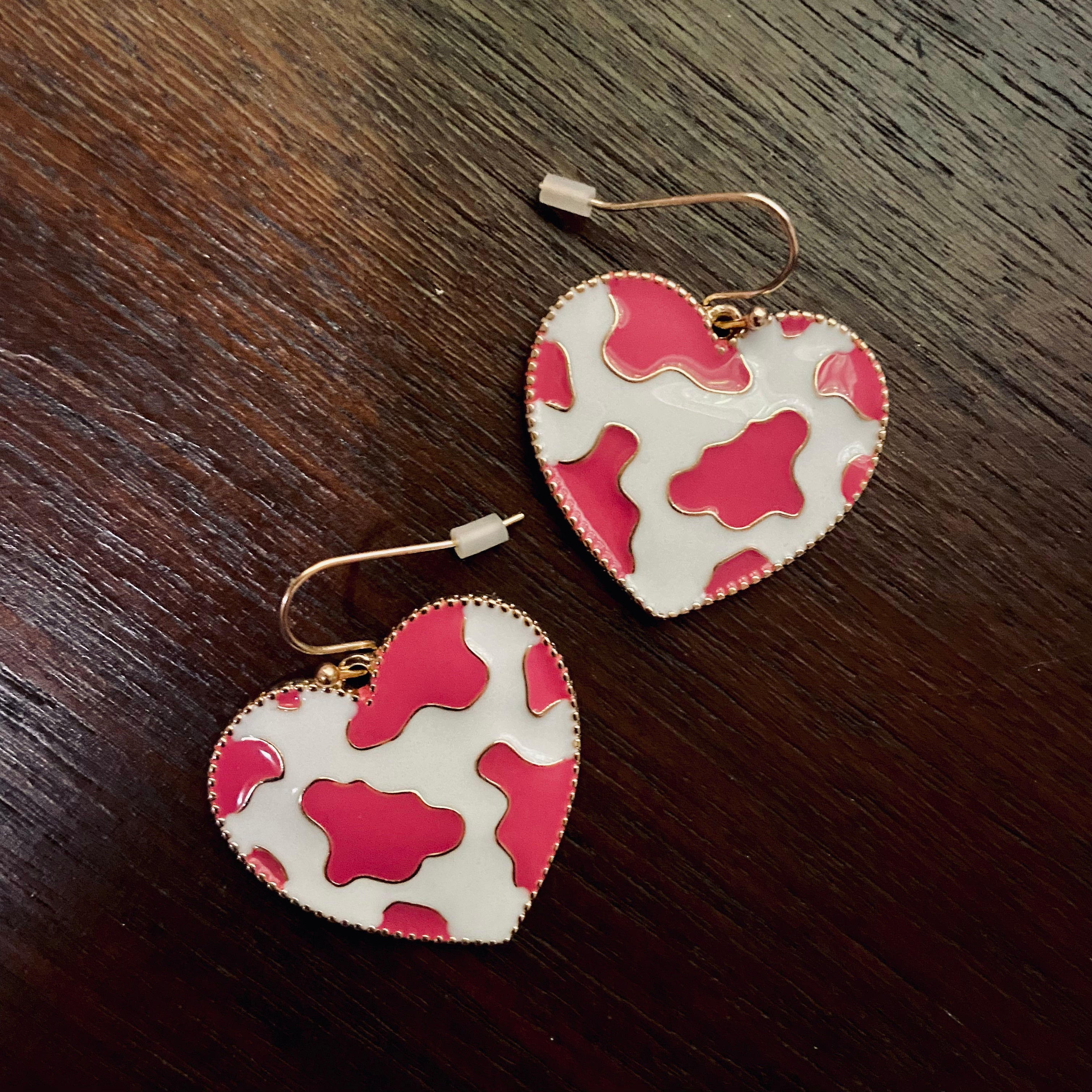 Hot Pink & White Cow Print Heart Earrings