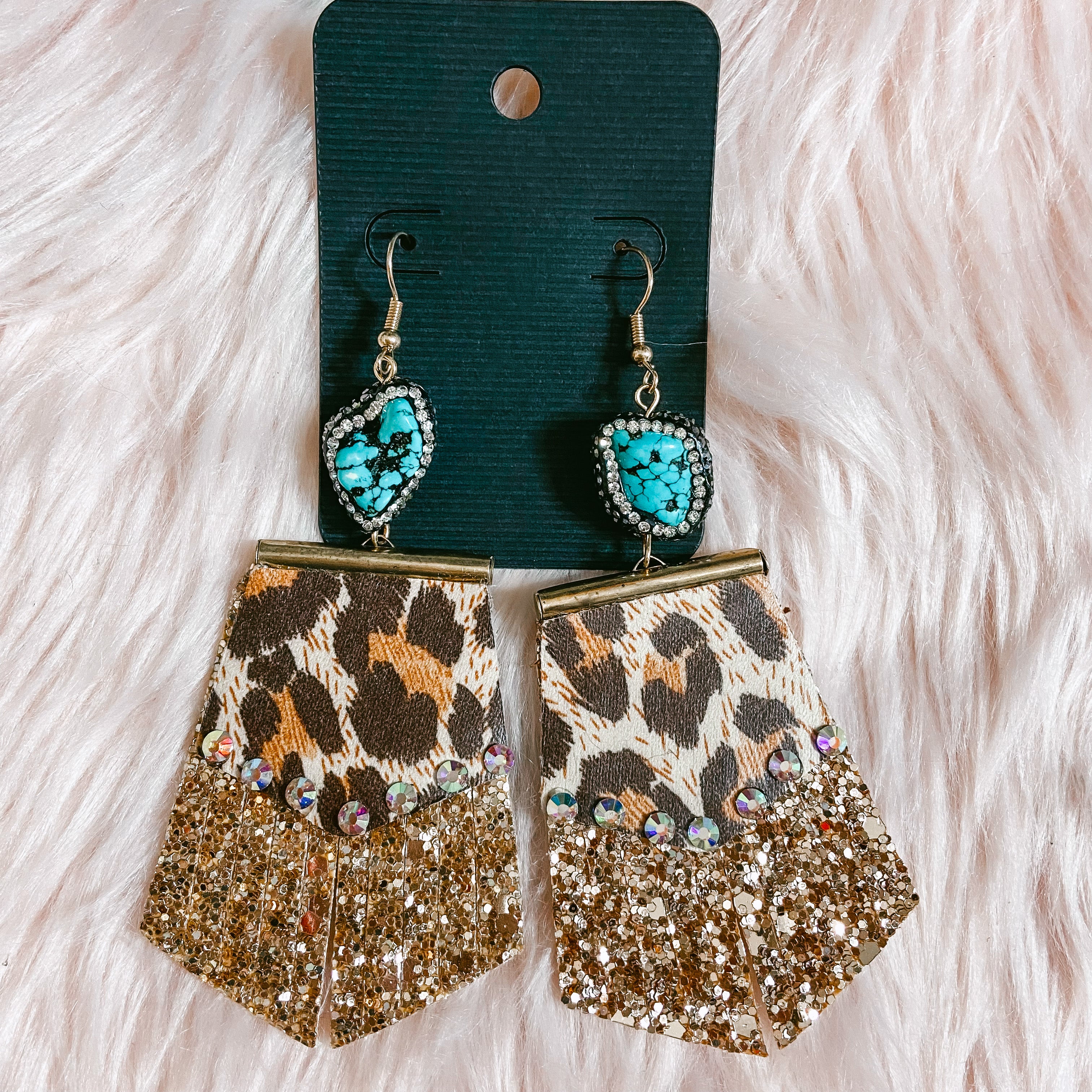 Leopard turquoise glitter fringe earrings