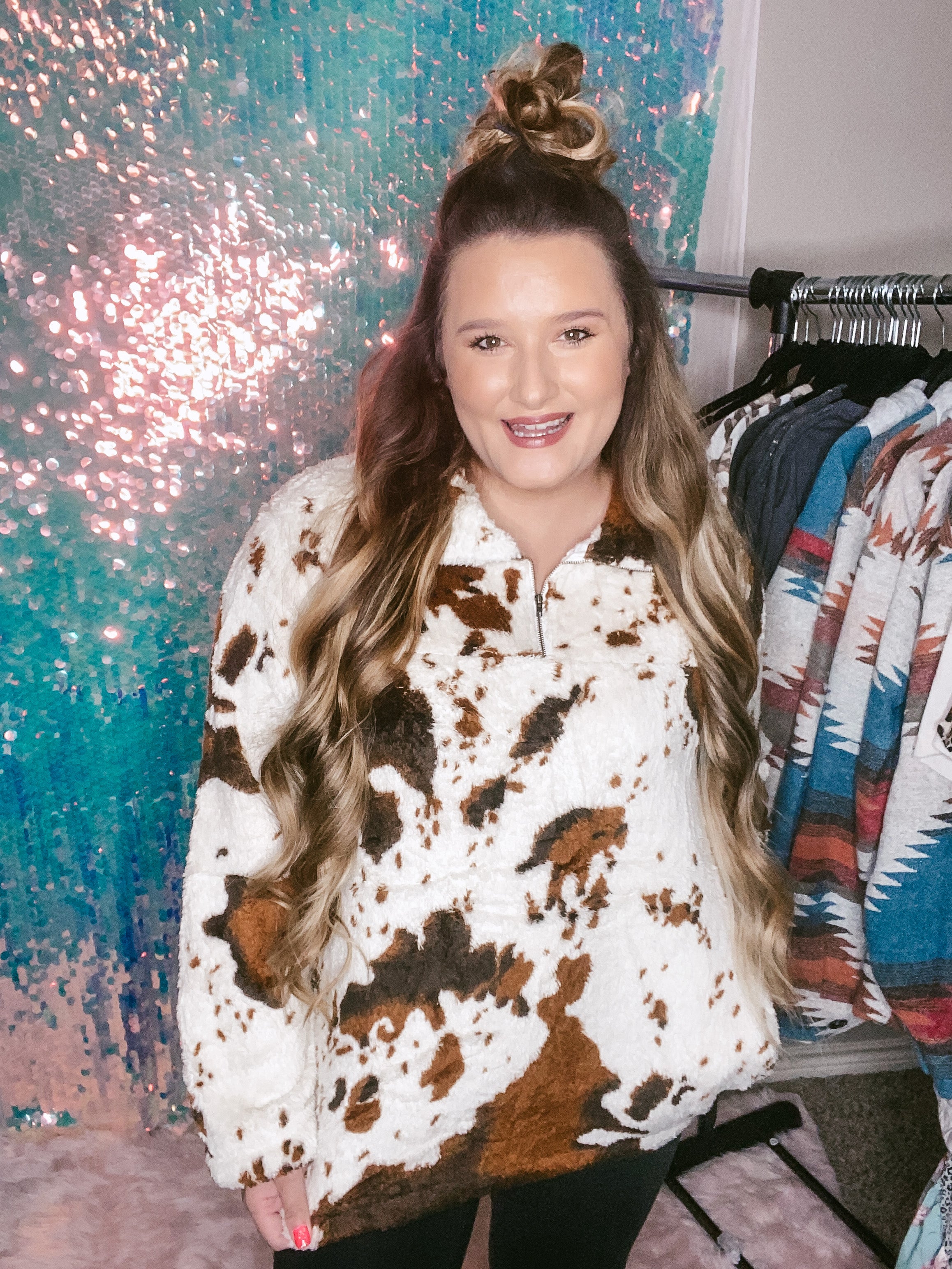 Cow Print Sherpa Pullover